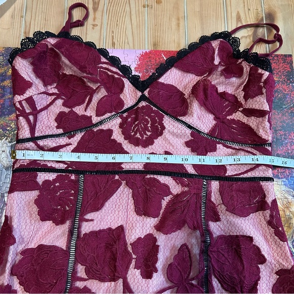 Lulus Alluring Dream Burgundy Floral Mesh Lace Trumpet Midi Dress – Size Medium - Picture 5 of 8